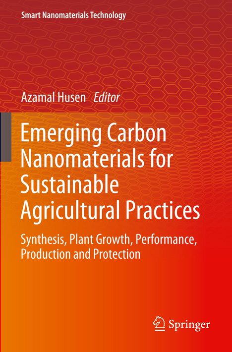 "Emerging Carbon Nanomaterials for Sustainable Agricultural Practices" vor rotem Hintergrund mit Wabenmuster und Springer-Logo.