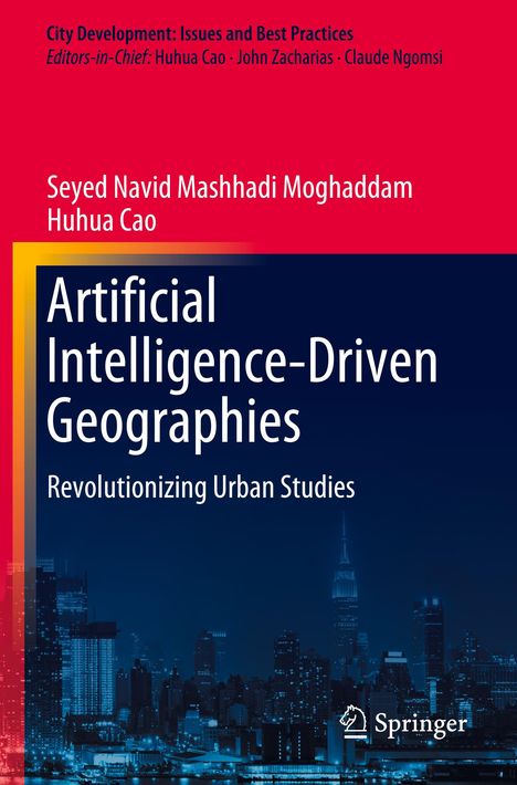 Cover mit Text: "Artificial Intelligence-Driven Geographies". Stadtlandschaft bei Nacht unten.