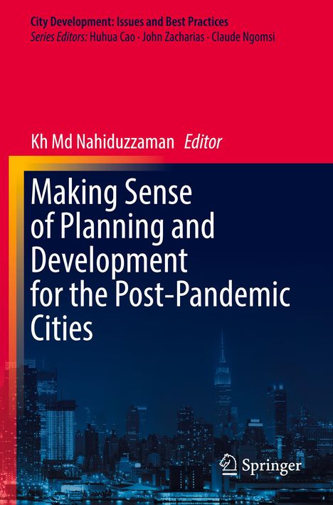 "Making Sense of Planning and Development for the Post-Pandemic Cities". Unten Skyline in Blautönen, Springer-Logo rechts.