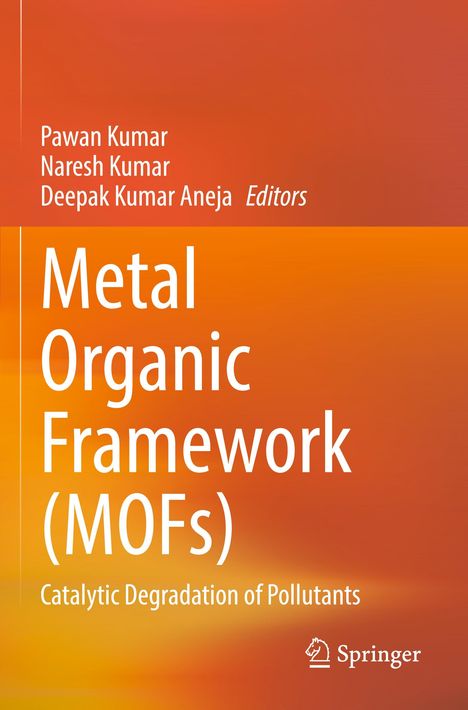 Text: "Metal Organic Framework (MOFs): Catalytic Degradation of Pollutants." Autoren: Pawan Kumar, Naresh Kumar, Deepak Kumar Aneja. Orange Hintergrund. Logo von Springer unten.