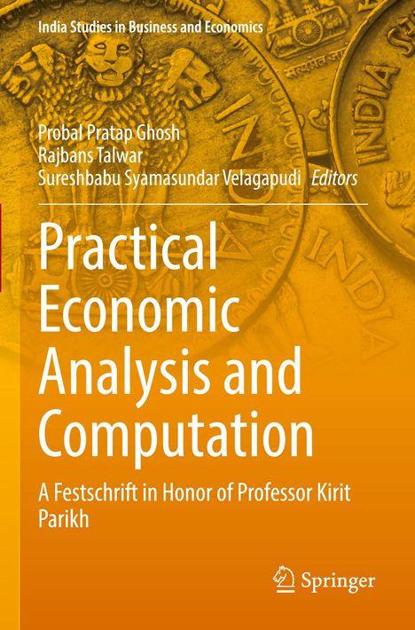 Text: "Practical Economic Analysis and Computation." Hintergrund: Goldmünzendesign mit indischem Motiv. Springer-Logo unten.