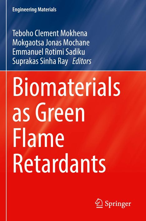 Titel: "Biomaterials as Green Flame Retardants". Oben stehen die Herausgeber. Hintergrund in Blau und Rot. Logo unten.