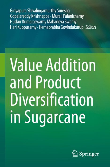 "Value Addition and Product Diversification in Sugarcane" auf grünem Hintergrund. Springer Logo unten.