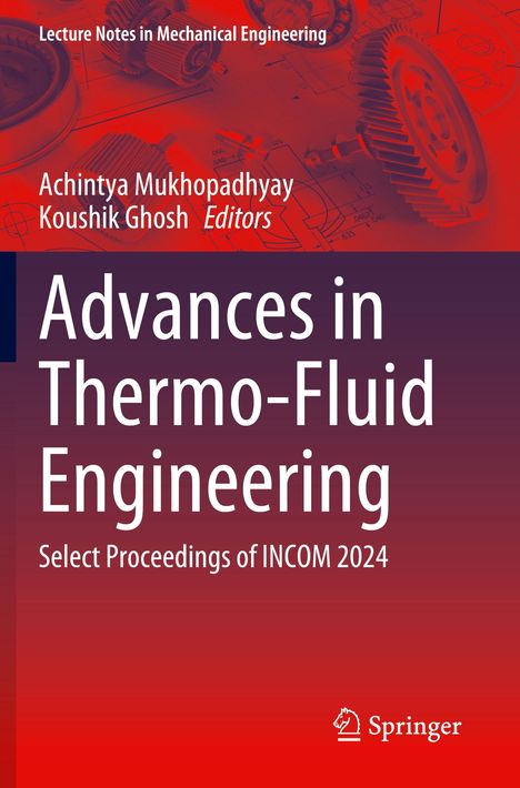 "Advances in Thermo-Fluid Engineering" Buchcover mit technische Illustrationen und Maschinenbauteilen, Springer-Logo.