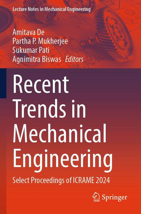 "Recent Trends in Mechanical Engineering" steht im Vordergrund. Hintergrund: technische Zeichnungen und Zahnräder in Rot.