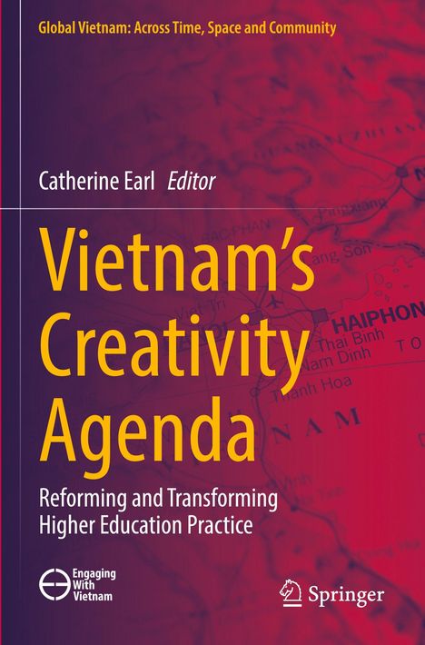 "Vietnam's Creativity Agenda" in großer gelber Schrift auf rotem Hintergrund mit einer unscharfen Karte. Logos von "Engaging With Vietnam" und Springer.