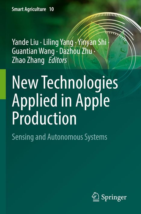 „New Technologies Applied in Apple Production“ steht zentral, darunter ist das Springer-Logo. Hintergrund: Grüne Blätter.