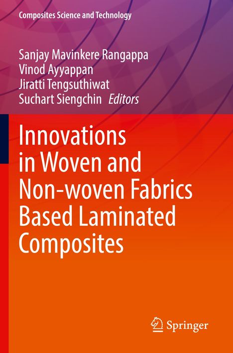 Buchtitel: "Innovations in Woven and Non-woven Fabrics Based Laminated Composites". Farbverlauf und geometrische Muster.