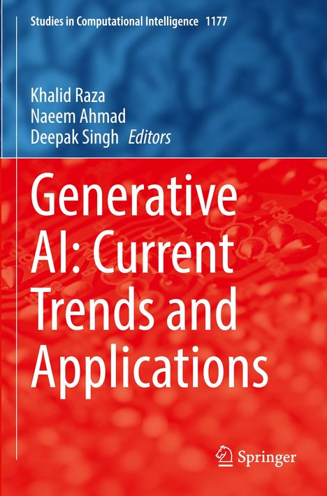 Titel: "Generative AI: Current Trends and Applications". Oben zeigt sich ein blauer Hintergrund. Unten rot.