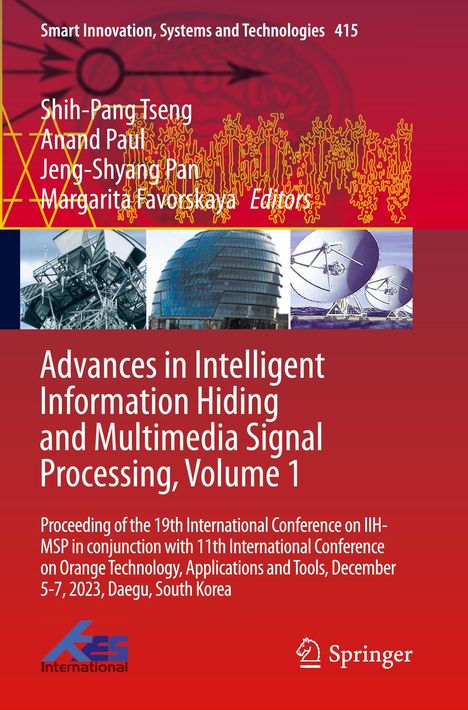"Advances in Intelligent Information Hiding and Multimedia Signal Processing, Volume 1." Rote Töne mit technischen Illustrationen.