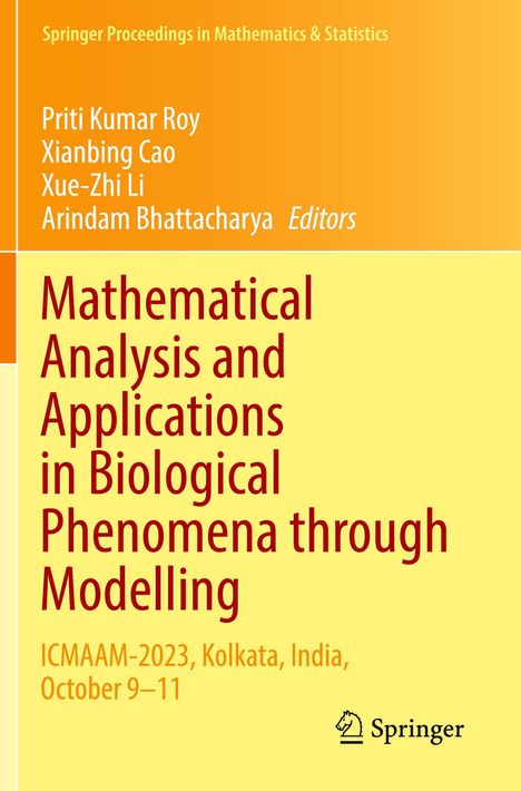 Titel: "Mathematical Analysis and Applications in Biological Phenomena through Modelling". Farbverlauf von Orange zu Gelb.
