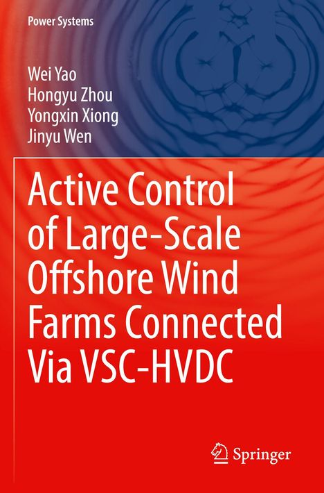 Text: "Power Systems. Active Control of Large-Scale Offshore Wind Farms Connected Via VSC-HVDC." Autorenliste: Vier Namen. Hintergrund: Abstrakte Wirbel in Blau und Rot.