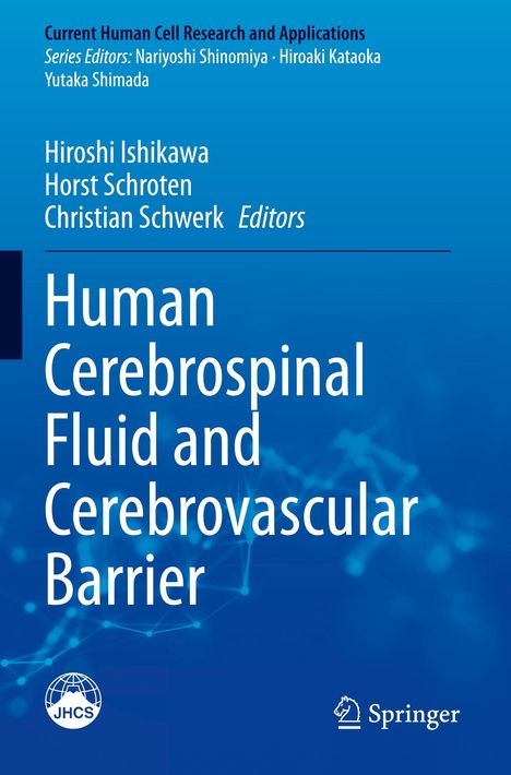 Titel: Human Cerebrospinal Fluid and Cerebrovascular Barrier. Blaue Abdeckung mit Netzwerk-Muster und Springer-Logo.