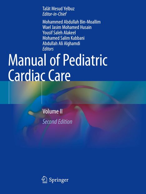 "Manual of Pediatric Cardiac Care, Volume II, Second Edition" steht auf blauem Hintergrund mit buntem, abstraktem Design.