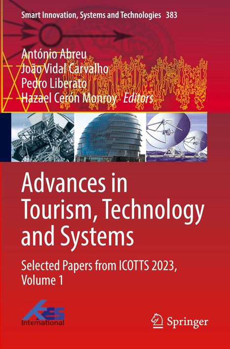 "Advances in Tourism, Technology and Systems" mit Herausgebernamen. Bilder von modernen Gebäuden und Satellitenschüsseln.