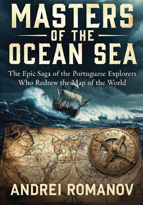 "MASTERS OF THE OCEAN SEA," "The Epic Saga of the Portuguese Explorers Who Redrew the Map of the World," "ANDREI ROMANOV." Ein Segelschiff kämpft gegen hohe Wellen; im Vordergrund eine antike Karte.