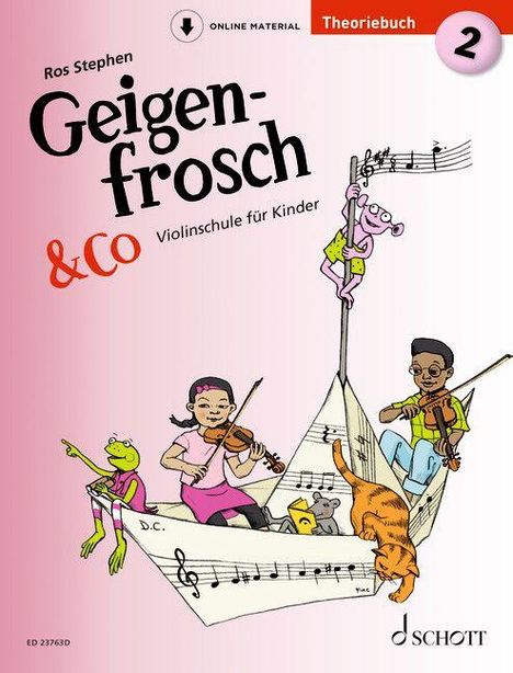 Theoriebuch 2, Geigenfrosch & Co, Violinschule für Kinder, Illustration: Kinder und Tiere musizieren auf einem Papierboot.