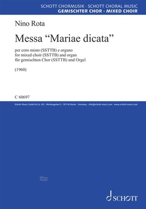 Titel: Messa "Mariae dicata" von Nino Rota. Für gemischten Chor (SSTTB) und Orgel. Jahr: 1960. Oben steht "SCHOTT".