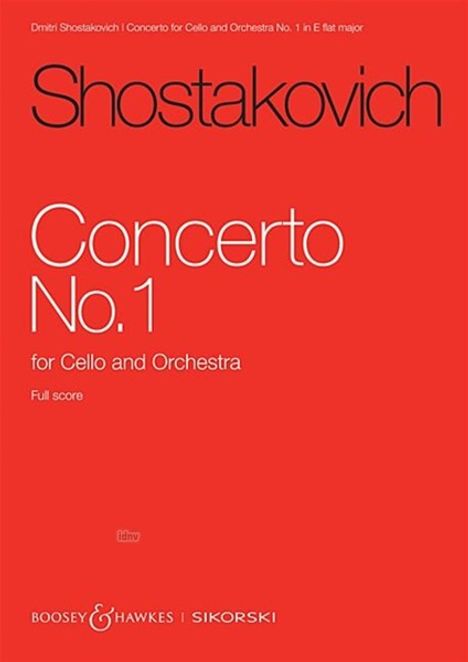 Text: "Shostakovich, Concerto No. 1 for Cello and Orchestra, Full score." Rotes Cover mit schlichtem Design.