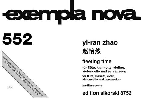Yi-Ran Zhao: Fleeting Time für Flöte, Klarinette, Violine, Violoncello und Schlagzeug, Noten
