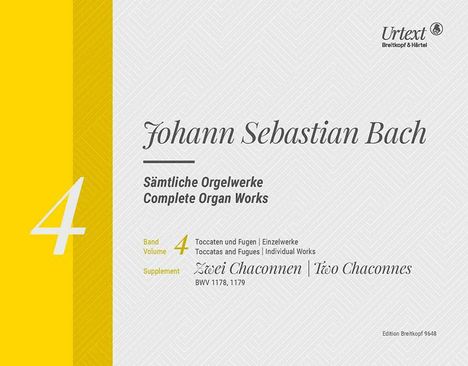 "Johann Sebastian Bach, Sämtliche Orgelwerke, Band 4, Zwei Chaconnen BWV 1178, 1179. Gelbes Feld mit einer großen 4 links."