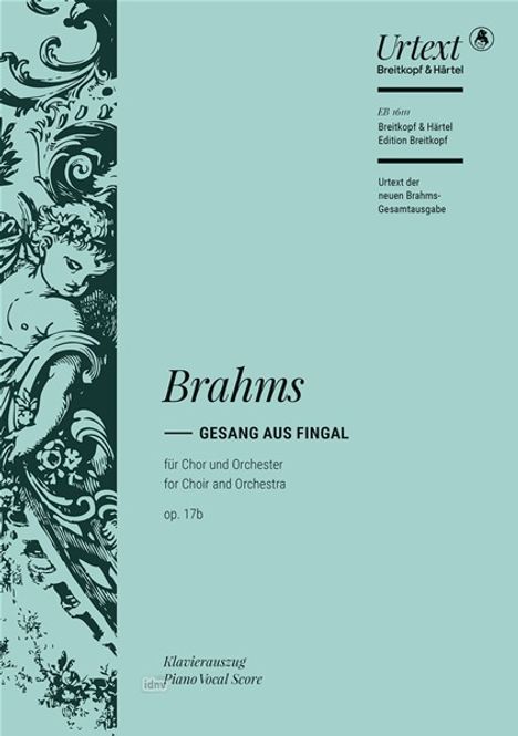 "Brahms Gesang aus Fingal op. 17b, Klavierauszug. Links: Detailreiche Illustration eines Engels oder Putto."
