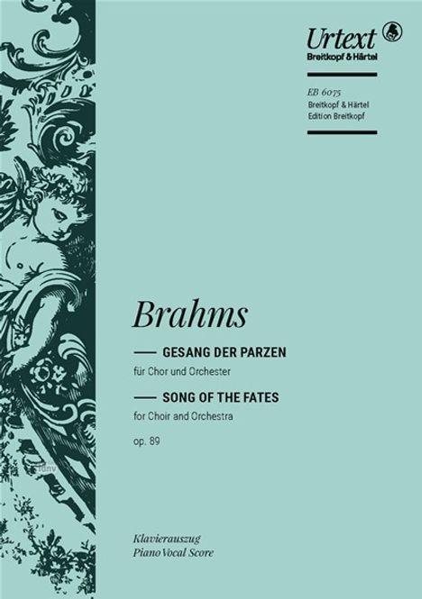 "Gesang der Parzen" von Brahms, für Chor und Orchester. Op. 89. Links ist eine kunstvolle Illustration eines Engels.