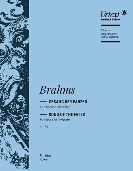 Text: "Brahms, Gesang der Parzen, Song of the Fates, op. 89." Links florale Verzierungen und Figuren in monochromem Blau.