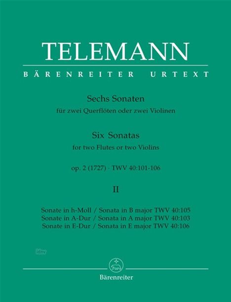 Georg Philipp Telemann: Sechs Sonaten op.2 TWV 40:104-106 für zwei Flöten oder Violinen. Heft.2, Noten