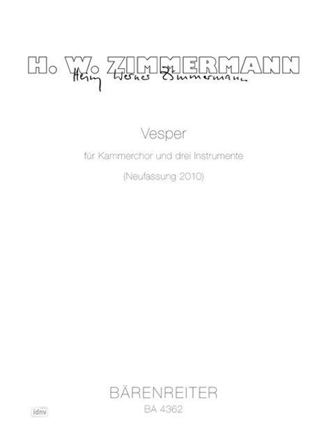 Heinz Werner Zimmermann: Vesper für Kammerchor und drei, Noten