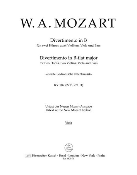 Wolfgang Amadeus Mozart: Divertimento für zwei Hörner, zwei Violinen, Viola und Bass B-Dur KV 287 (271b, 271 H) "Zweite Lodronische Nachtmusik", Noten