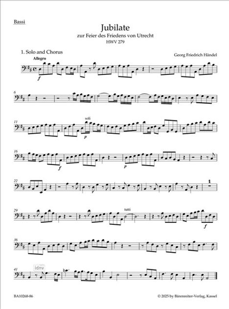 "Jubilate zur Feier des Friedens von Utrecht HWV 279" von Georg Friedrich Händel, Notenblatt, Bassi.