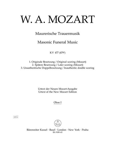 Wolfgang Amadeus Mozart: Maurerische Trauermusik KV 477 (479a), Noten