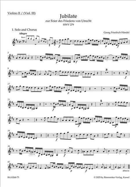 Notenblatt für Violine mit Titel "Jubilate", Werk von Georg Friedrich Händel, erstellt für Feiern des Friedens von Utrecht.