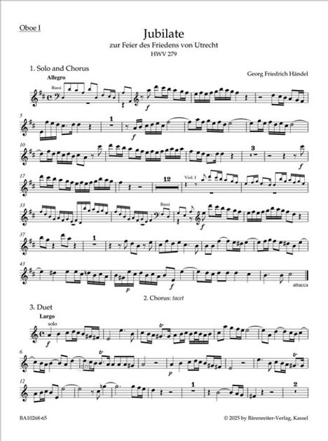 "Jubilate zur Feier des Friedens von Utrecht, HWV 279, Georg Friedrich Händel. Musiknoten für Oboe I, Solo und Chor."
