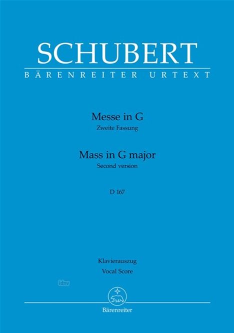 Oben steht "SCHUBERT" und "BÄRENREITER URTEXT". Darunter "Messe in G", "Mass in G major", "D 167", "Klavierauszug". Unten ist ein Logo.