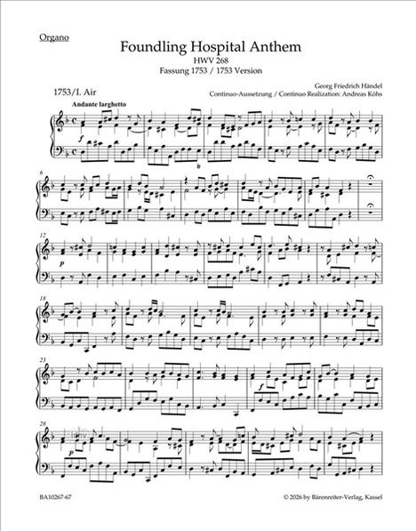 Titel: „Foundling Hospital Anthem“. Komponist: Georg Friedrich Händel. Notenblätter mit musikalischen Anweisungen.