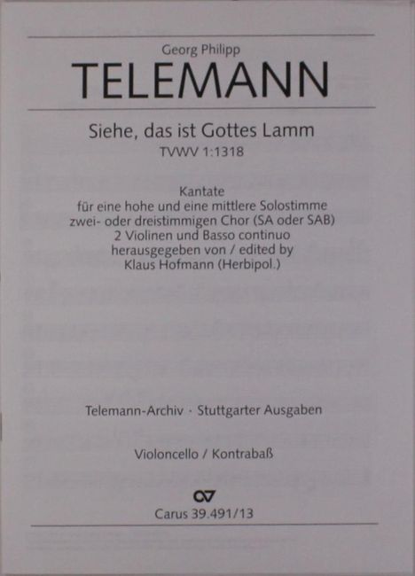 Georg Philipp Telemann: Siehe, das ist Gottes Lamm (I), Noten