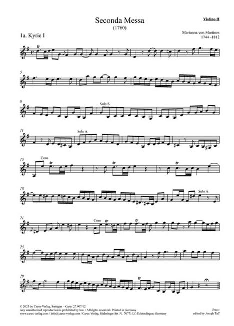 "Seconda Messa", "Violine II", "Kyrie I", "Maria Anna von Martinez 1744–1812". Noten auf fünf Linien. Mehrere Abschnitte gruppiert.
