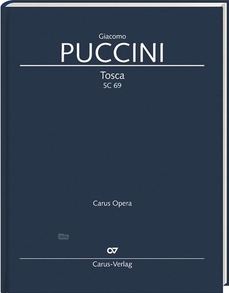 Blauer Buchumschlag mit den Worten: "Giacomo Puccini, Tosca SC 69, Carus Opera, Carus-Verlag".