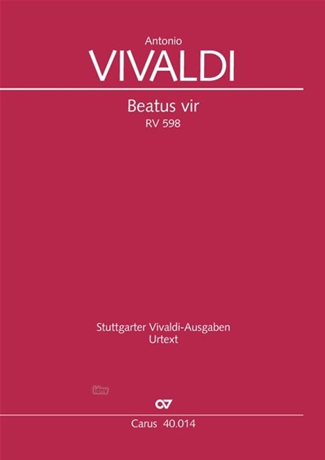 Covertext: Antonio Vivaldi, Beatus vir, RV 598, Stuttgarter Vivaldi-Ausgaben, Urtext, Carus 40.014. Roter Hintergrund.