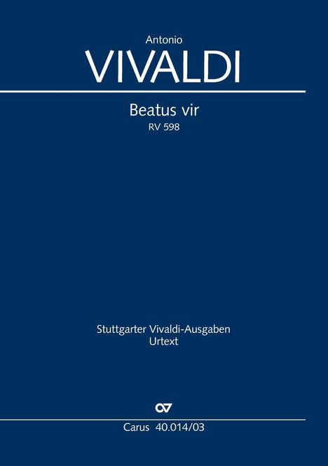 Antonio Vivaldi, Beatus vir, RV 598. Stuttgarter Vivaldi-Ausgaben, Urtext. Blaues Cover mit weißem Text.