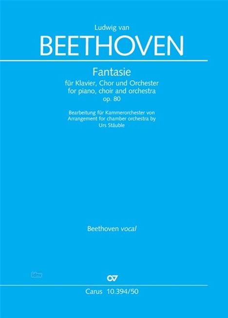 Blauer Hintergrund mit weißem Text: "Ludwig van Beethoven, Fantasie für Klavier, Chor und Orchester op. 80". Logo unten.