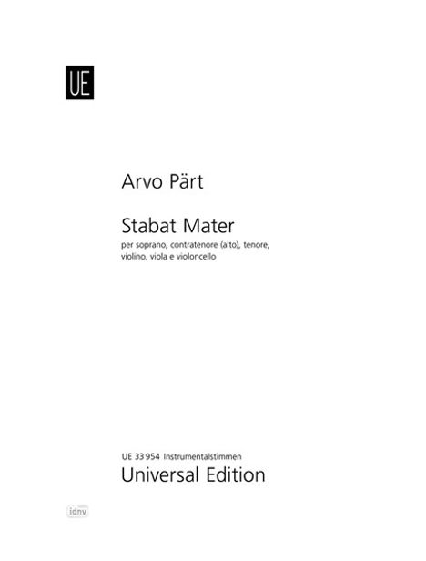 Arvo Pärt: Stabat Mater für Sopran, Countertenor (Alt), Tenor, Violine, Viola und Violoncello für Singstimmen (SAT) Violine, Viola und Violoncello (1985), Noten