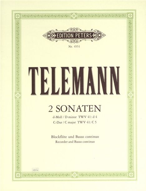 Georg Philipp Telemann: 2 Sonaten für Blockflöte und Basso continuo, Noten