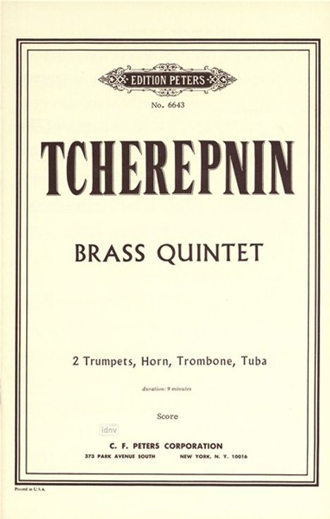 Alexander Tcherepnin: Quintett für Bläser für 2 Trompeten, Horn, Posaune und Tuba op. 105, Noten