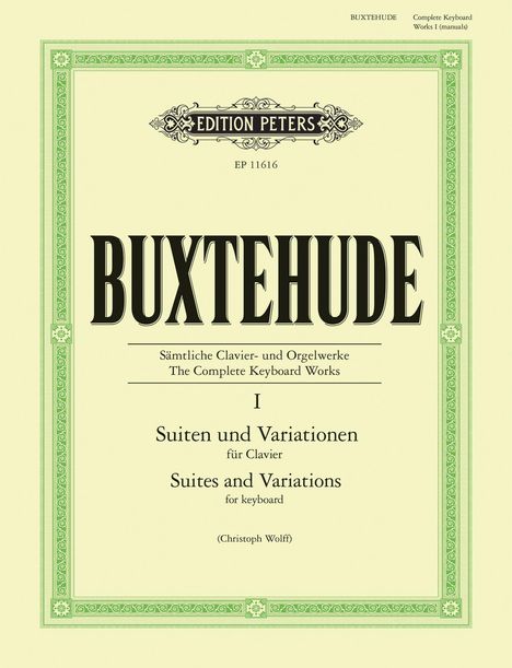 Text: "Buxtehude", "Edition Peters", "Suiten und Variationen", "Christoph Wolff". Gelber Hintergrund mit grünem Zierrahmen.