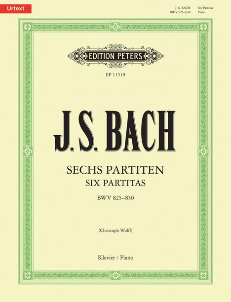 "J.S. BACH SECHS PARTITEN BWV 825–830" steht auf hellgelbem Hintergrund mit grünem Ornamentrand.