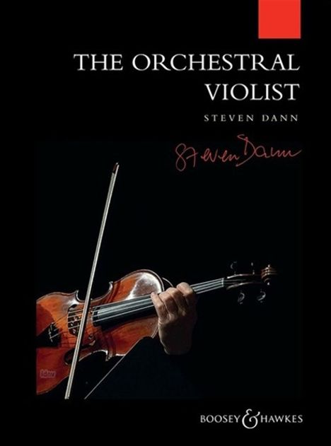 "The Orchestral Violist" und "Steven Dann" in weiß, rote Unterschrift. Foto zeigt Hand mit Geige und Bogen.