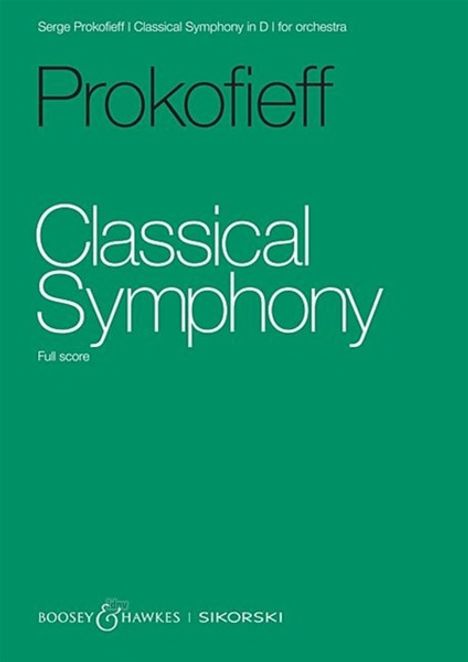 Grüner Hintergrund, Text: "Prokofieff Classical Symphony Full score". Unten: Verlagsnamen und Logo.